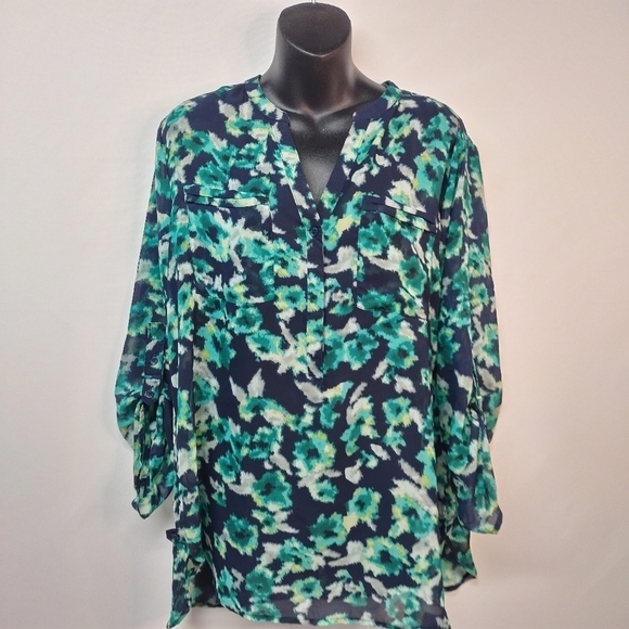 Apt. 9 Navy Blue & Teal Sheer 3/4 Sleeves Blouse Size L - Picture 1 of 12
